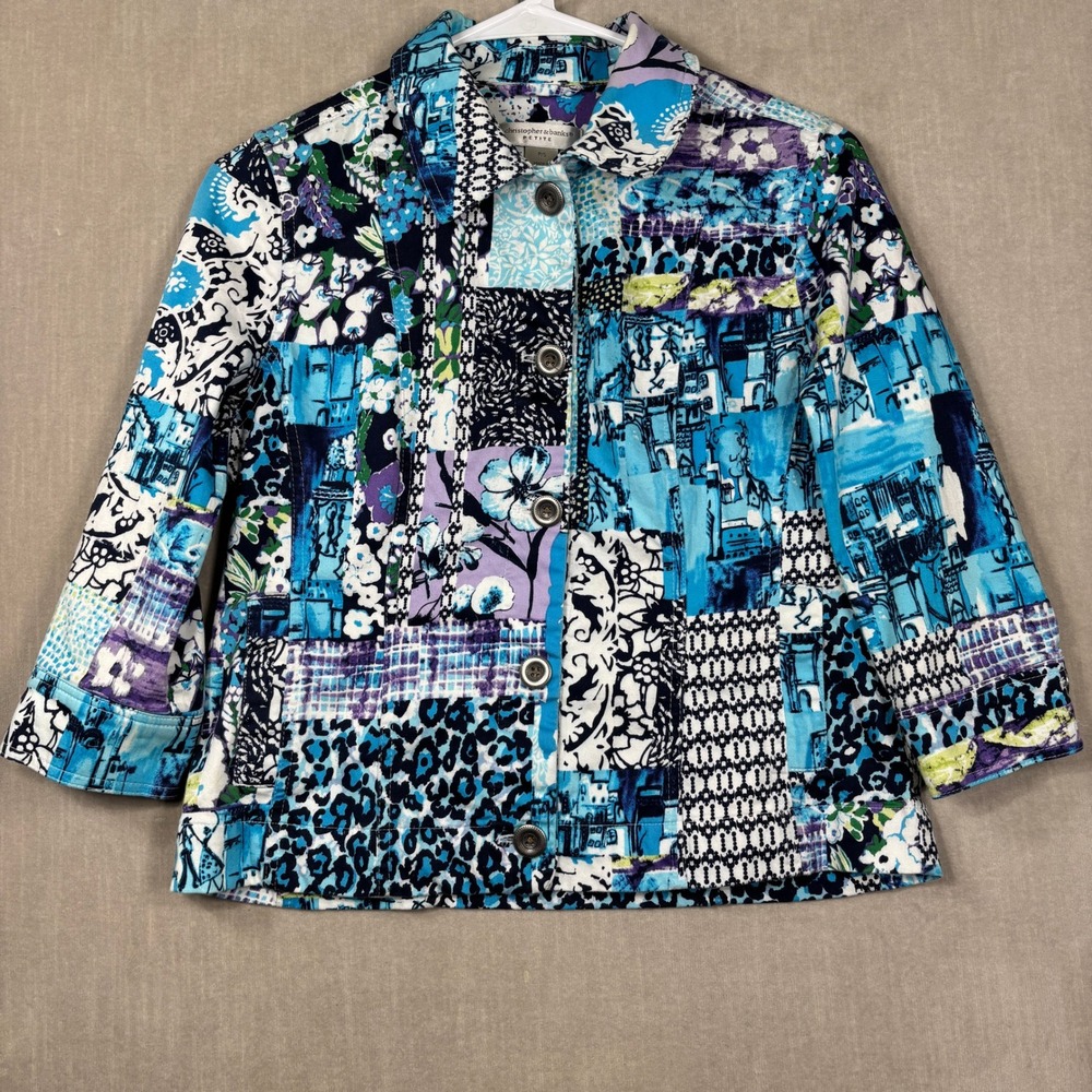 Christopher & Banks Patchwork Floral Leopard Print Button Jacket PS Blue Artsy